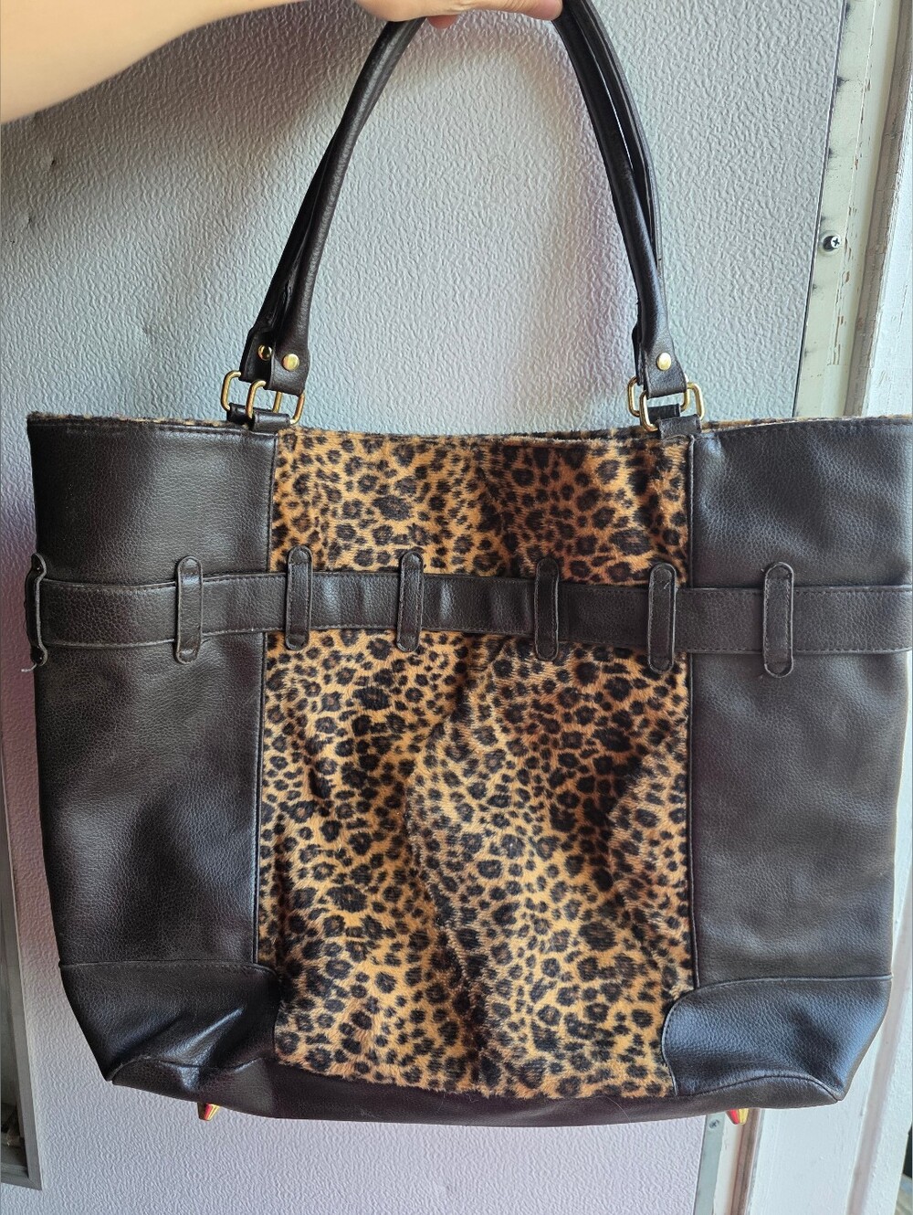 Y2K Large Fur Animal Print Goth Boho Brown Leopard Pattern Tote Bag - Women's